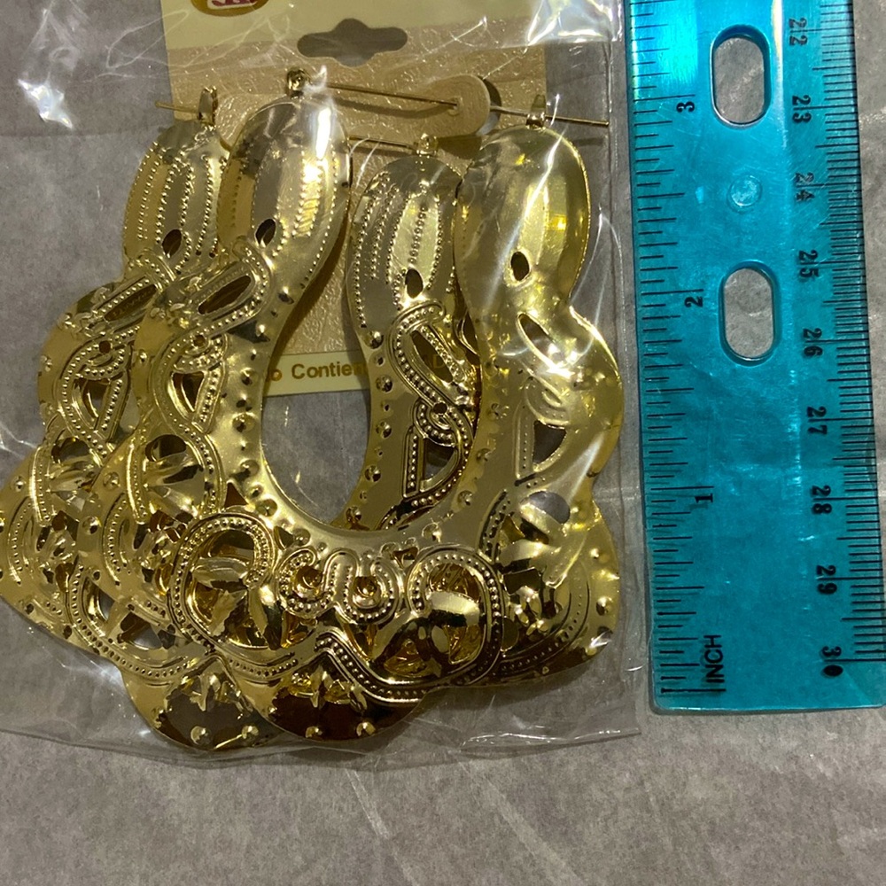 Goldtone Doorknocker Bamboo Earrings - Picture 3 of 3